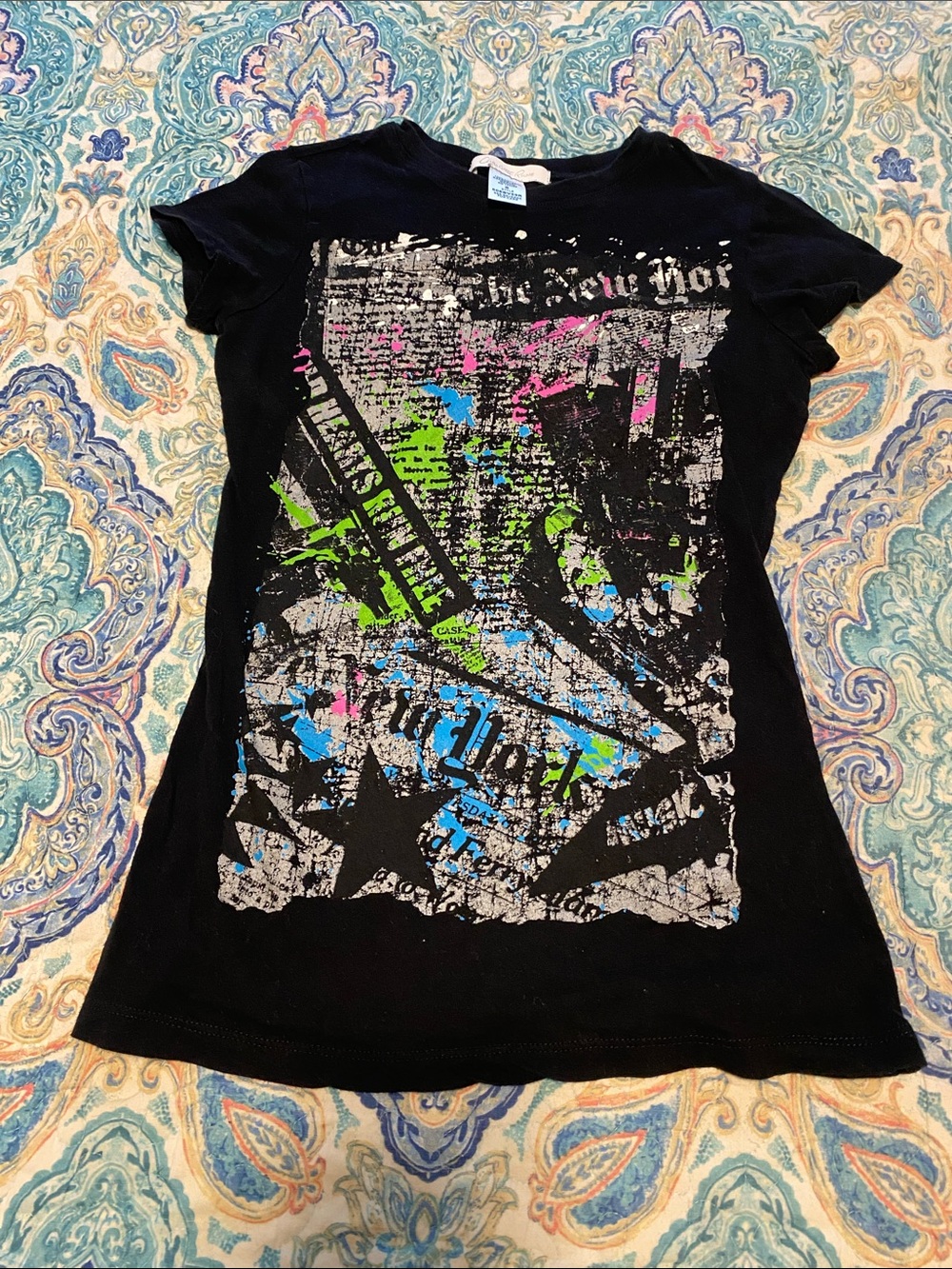Charlotte Russe Black Tee with Neon Pink, Blue & Green Graphic